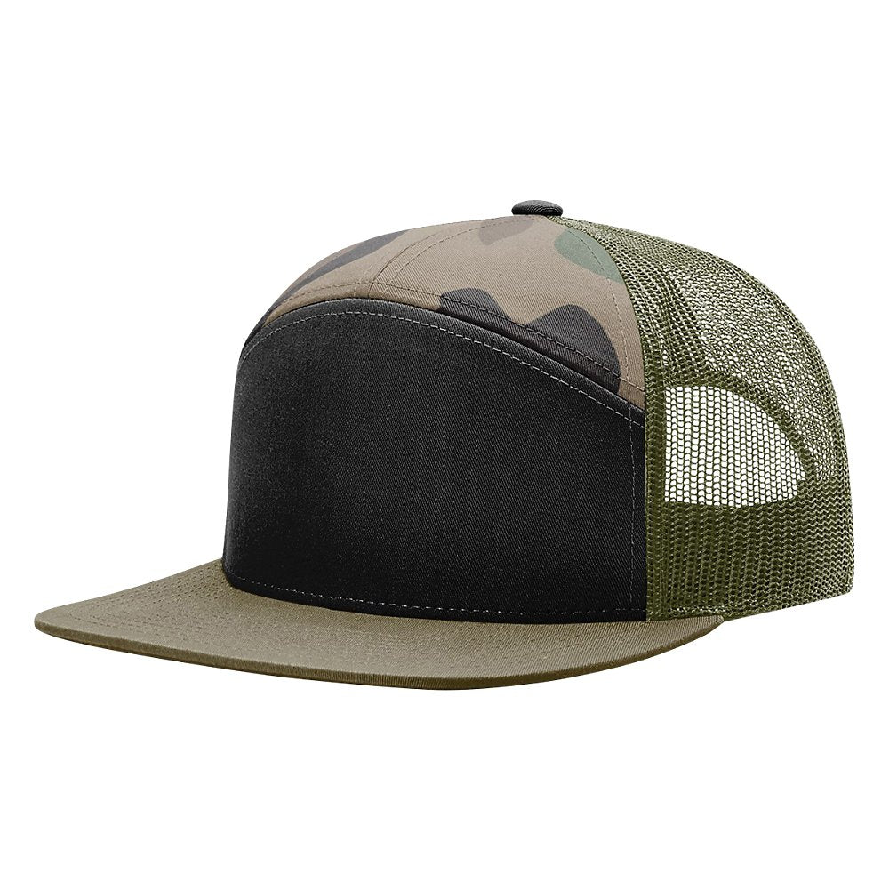 Richardson 168 7-Panel Flatbill Trucker Hat - Black/Camo/Loden