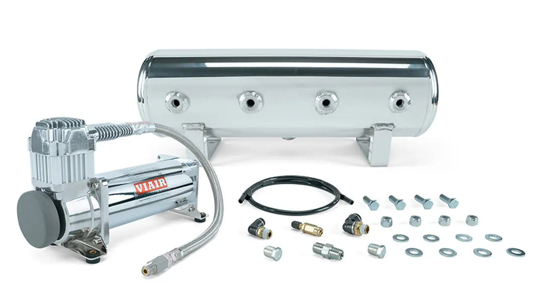 Air Lift 2.5 Gal. Polished Tank w/ Viair 444c chrome compressor, 1/4" & 3/8" Fittings & Tank Mounting Hardware | 27801