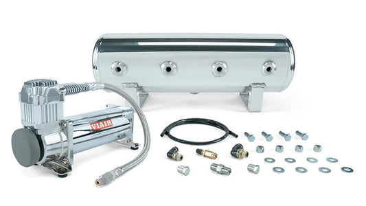 Air Lift 4 Gal. Polished Tank w/ Viair 444c chrome compressor, 1/4" & 3/8" Fittings & Tank Mounting Hardware | 27802