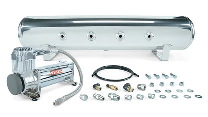 Air Lift 4 Gal. 7-Port Polished Tank w/ Viair 444c chrome compressor, 1/4" & 3/8" Fittings & Tank Mounting Hardware | 27803