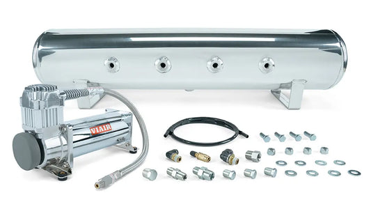 Air Lift 4 Gal. 7-Port Polished Tank w/ Viair 444c chrome compressor, 1/4" & 3/8" Fittings & Tank Mounting Hardware | 27803