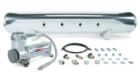 Air Lift 5 Gal. Polished Tank w/ Viair 444c chrome compressor, 1/4" & 3/8" Fittings & Tank Mounting Hardware | 27804
