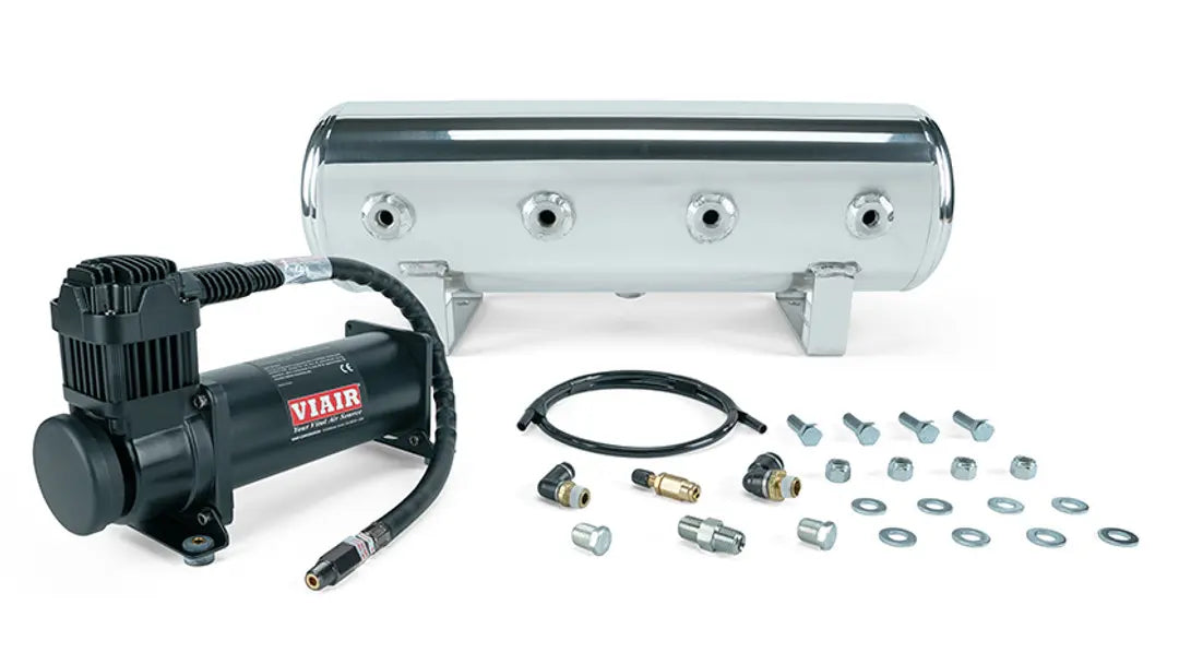 Air Lift 2.5 Gal. Polished Tank w/ Viair 444c Black Compressor, 1/4" & 3/8" Fittings & Tank Mounting Hardware | 27805